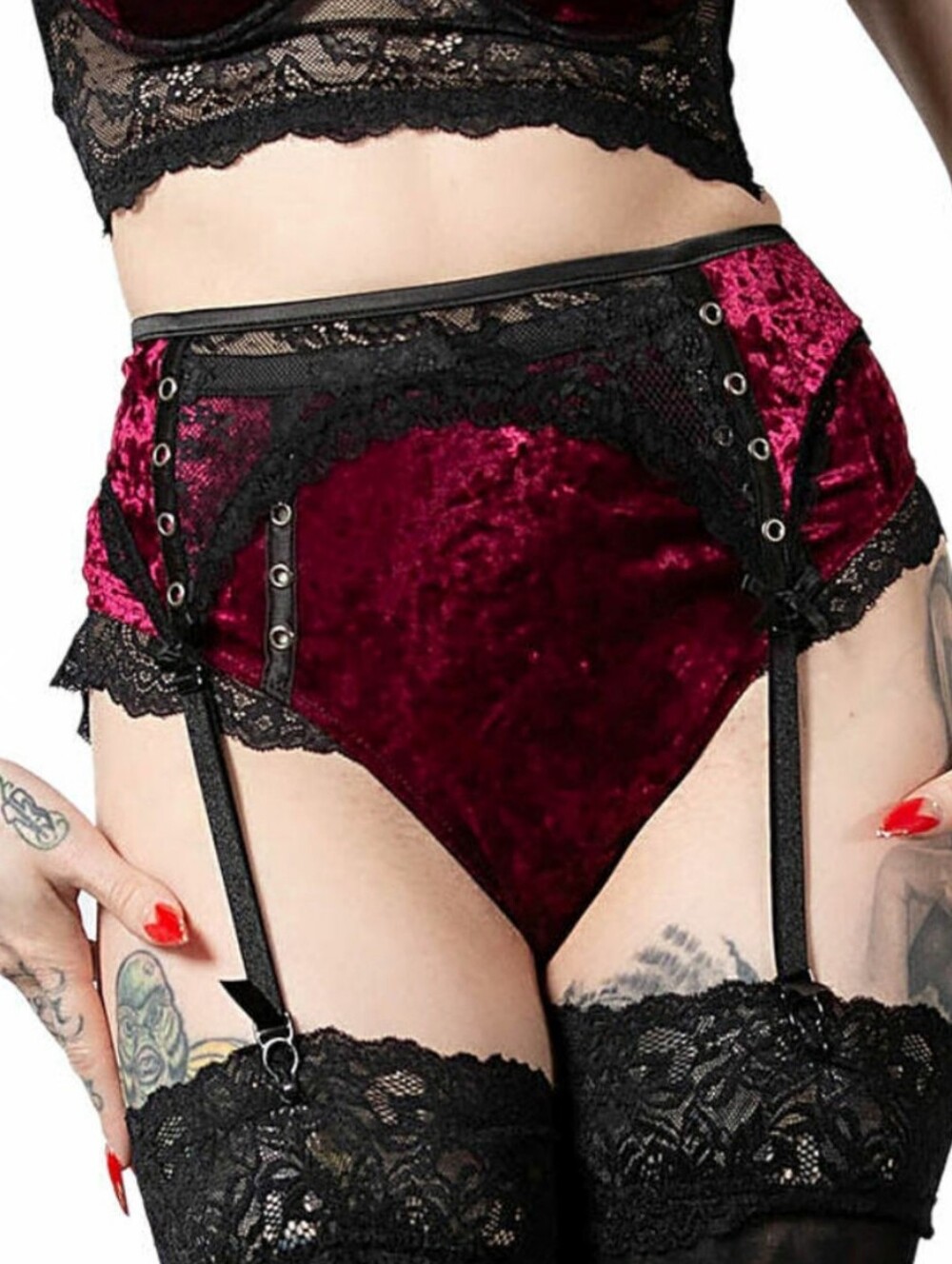 Killstar Burgundy Velvet Lace Garter High-Waist Briefs